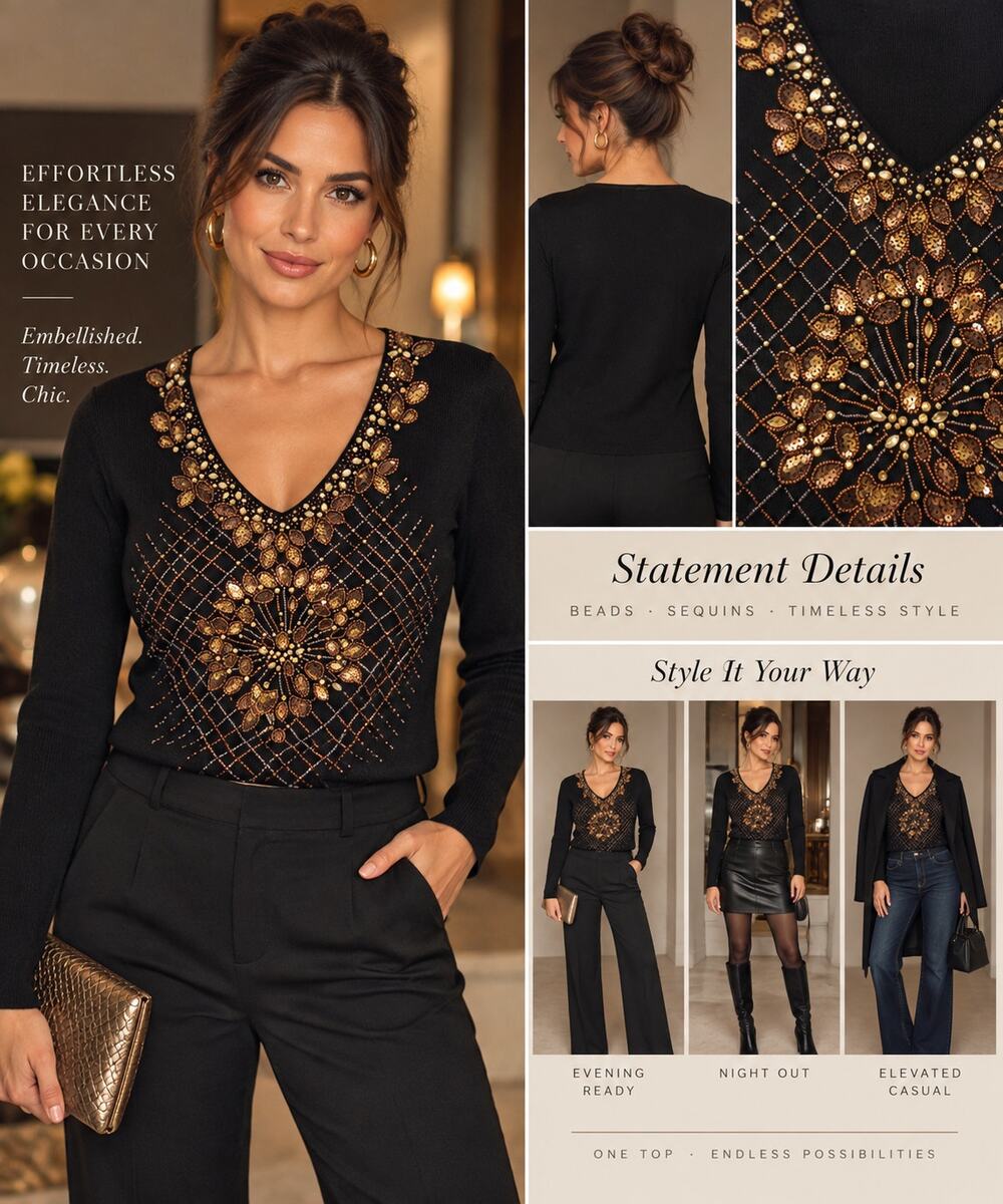 Pierri New York Black Beaded Sequin Embellished V-Neck Sweater Top L